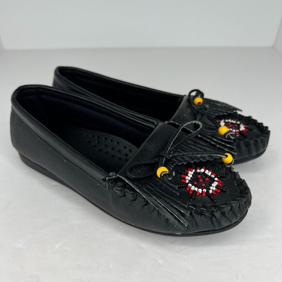 Valley Lane Womens Black Beaded Moccasins Slip On Flats Leather Size 6W Loafers - Picture 2 of 9